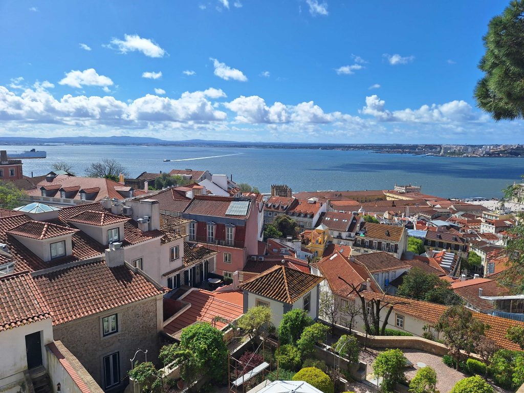 Aussicht auf die Alfama in Lissabon mit Blick über Dächer und den Tejo – Panoramaaufnahme auf panikontour.de