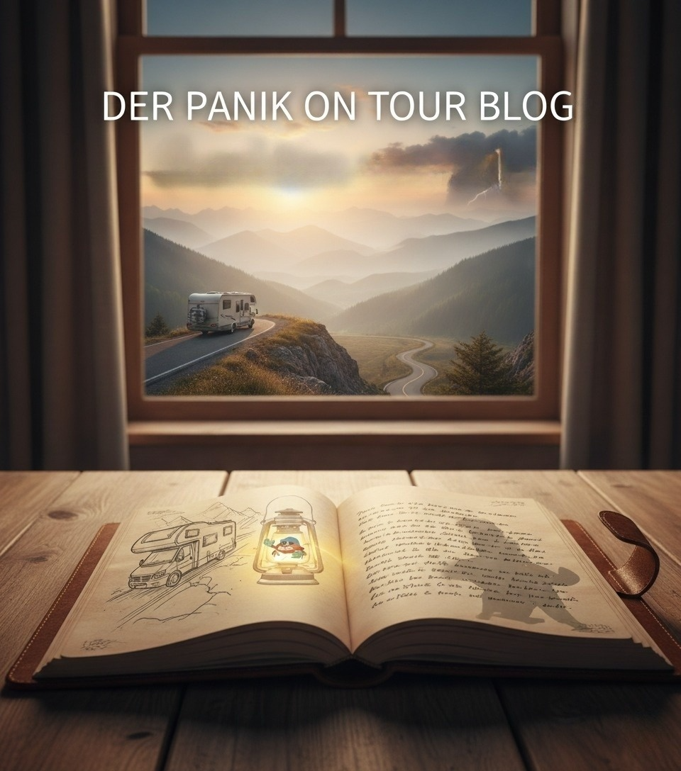 Ein offenes Reisetagebuch mit einer leuchtenden Laterne liegt auf einem Holztisch. Durch das Fenster ist ein Wohnmobil auf einer Bergstraße im Abendlicht zu sehen – Symbol für den Panik on Tour Blog.