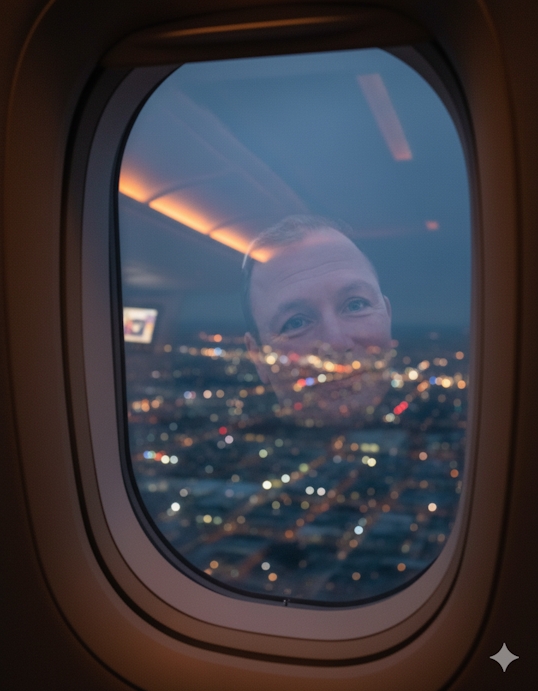 Blick aus einem Flugzeugfenster bei Nacht, in dem sich das Gesicht eines Mannes spiegelt – ein Moment zwischen Himmel, Licht und innerer Reise.