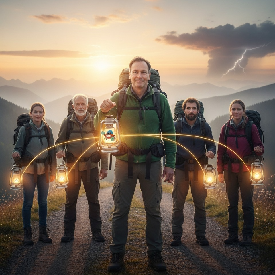 Eine Wandergruppe steht bei Sonnenaufgang auf einem Bergpfad. In der Mitte hält ein Mann eine Laterne mit einer leuchtenden Krabbe – Sinnbild für Zusammenhalt, Mut und Hoffnung.