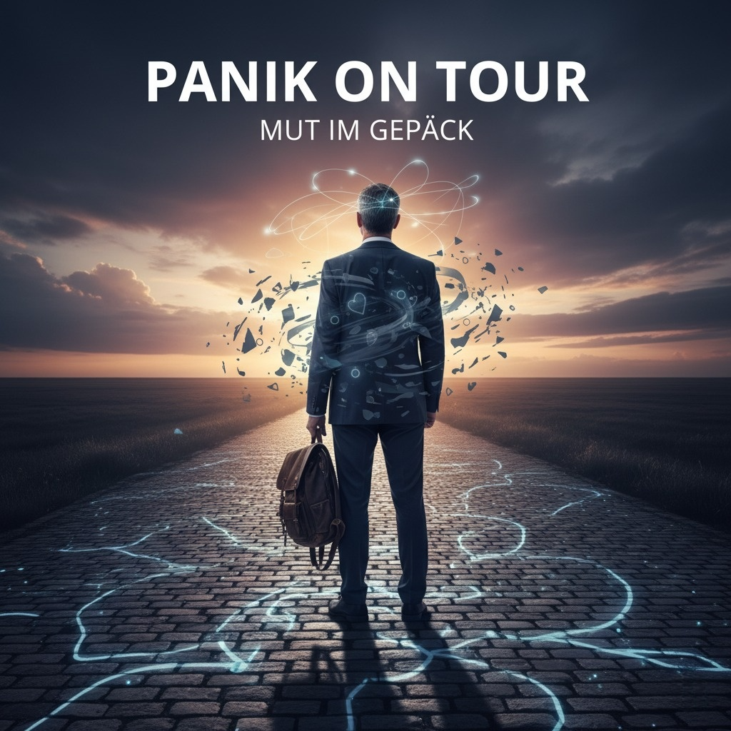 Ein Mann mit Rucksack steht auf einer endlosen Straße im Abendlicht. Um ihn herum wirbeln leuchtende Linien und Bruchstücke, die innere Unruhe und gleichzeitig Aufbruch symbolisieren. Der Himmel öffnet sich in warmen Farben – ein Sinnbild für Mut, Neuanfang und die Reise mit Panik im Gepäck