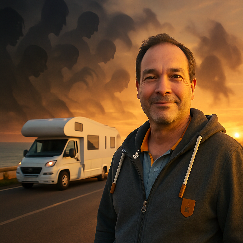 Ein Mann steht lächelnd vor seinem Wohnmobil an der Küste im Sonnenuntergang. Hinter ihm symbolisieren Schatten Gestalten seine überwundenen Ängste.