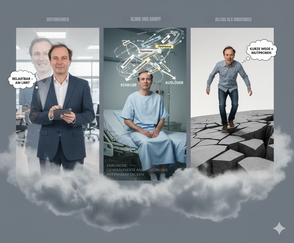 Ein Mann in drei Lebensphasen: als Unternehmer unter Druck, als Patient in der Klinik mit Angstdiagnose und als Kämpfer im Alltag, der jeden Schritt als Mutprobe erlebt.