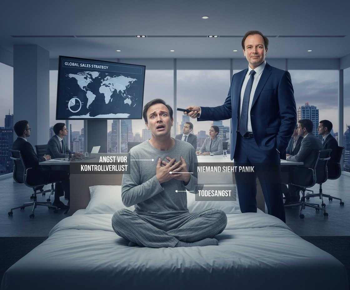 „Ein Mann sitzt verzweifelt im Pyjama auf einem Bett, während im Hintergrund eine Business-Konferenz läuft. Die Begriffe ‚Angst vor Kontrollverlust‘, ‚Todesangst‘ und ‚Niemand sieht Panik‘ zeigen, wie unsichtbar Panikattacken im Alltag sein können.