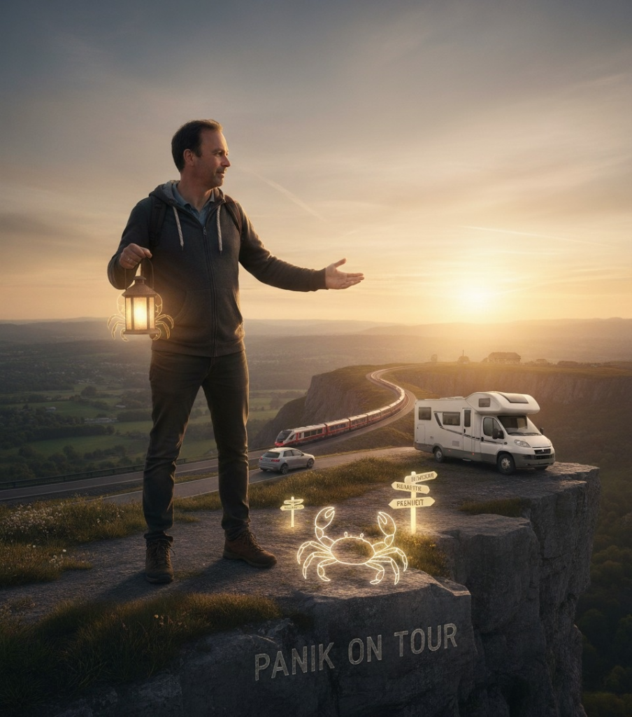 Ein Mann steht mit einer Laterne am Rand einer Klippe, neben ihm ein Wohnmobil und leuchtende Symbole von Mut und Richtung – Sinnbild für Aufbruch mit Panik im Gepäck.