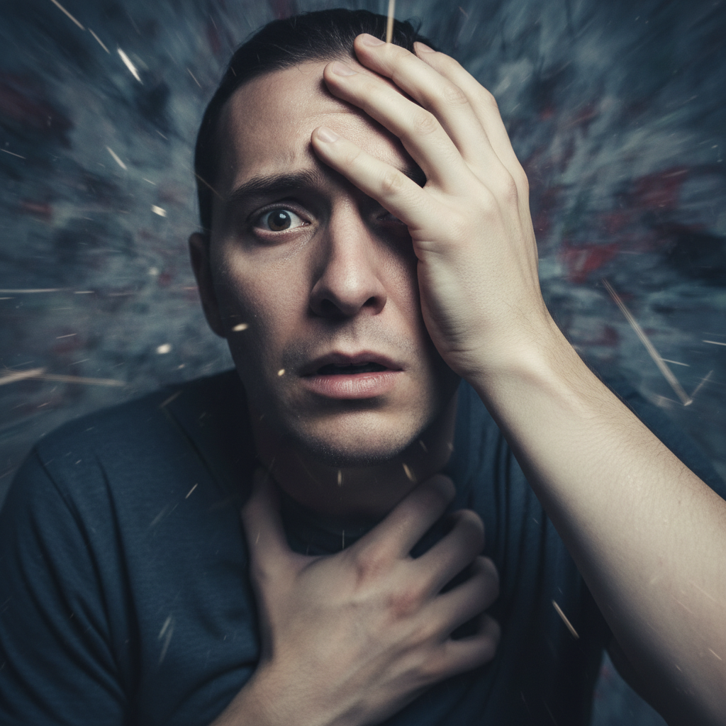 Ein Mann mit verängstigtem Ausdruck, die Hände am Kopf und Hals, symbolisiert die intense Furcht und körperlichen Symptome einer Panikattacke.