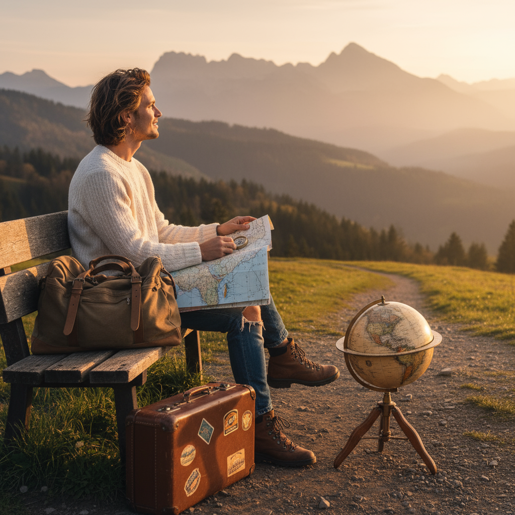 Reisender mit Karte und Globus auf einer Bank in den Bergen, plant sorgfältig seine Reiseroute als Strategie gegen Panikattacken und zur Angstbewältigung unterwegs.