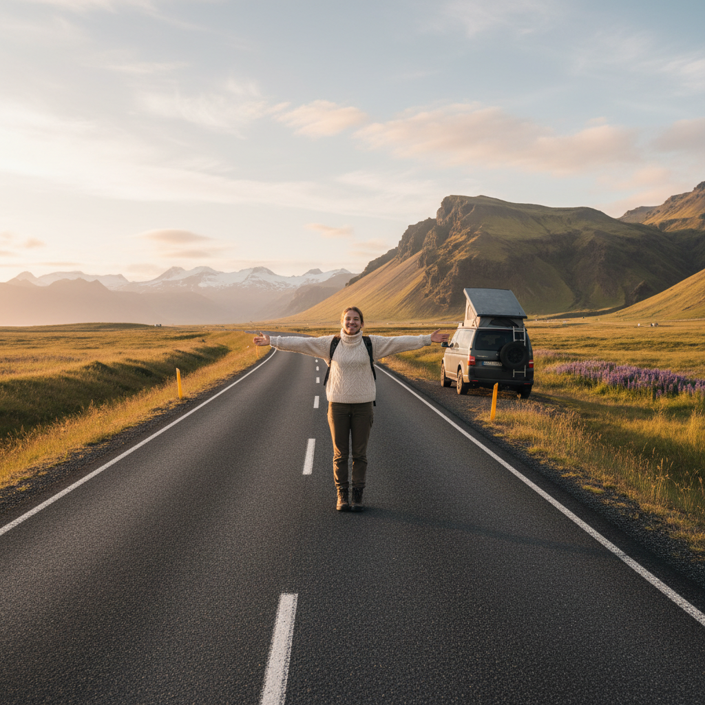 Eine Frau steht mit ausgebreiteten Armen auf einer einsamen Landstraße vor einer Bergkulisse im Abendlicht – Symbol für Freiheit, Heilung und mutiges Reisen