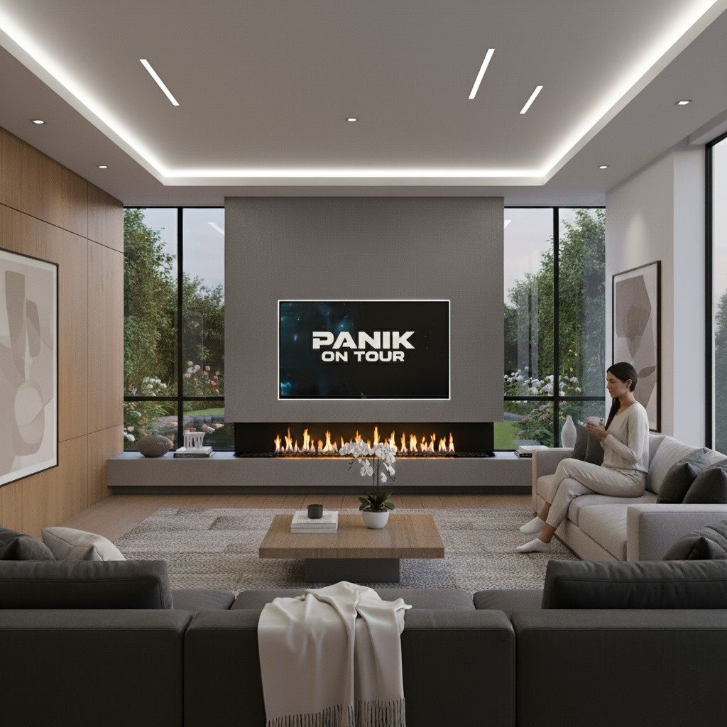 Modernes Wohnzimmer mit Kaminfeuer und einer Frau auf dem Sofa, auf dem Fernseher steht ‚Panik on Tour‘ – ein sicherer Ort voller Ruhe und Geborgenheit.
