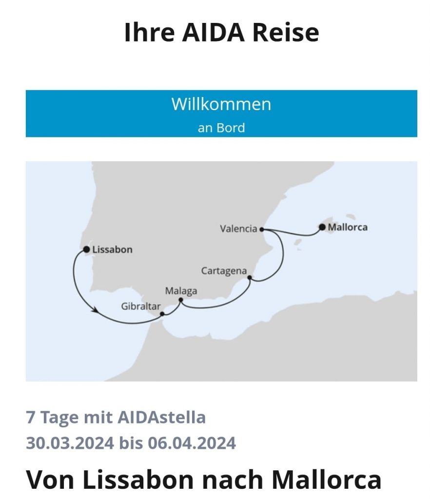 Karte der AIDAstella Kreuzfahrt von Lissabon über Gibraltar, Valencia und Málaga nach Mallorca – Reiseroute auf panikontour.de
