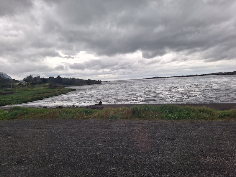 Küstenlandschaft in Island bei Ebbe unter wolkenverhangenem Himmel
