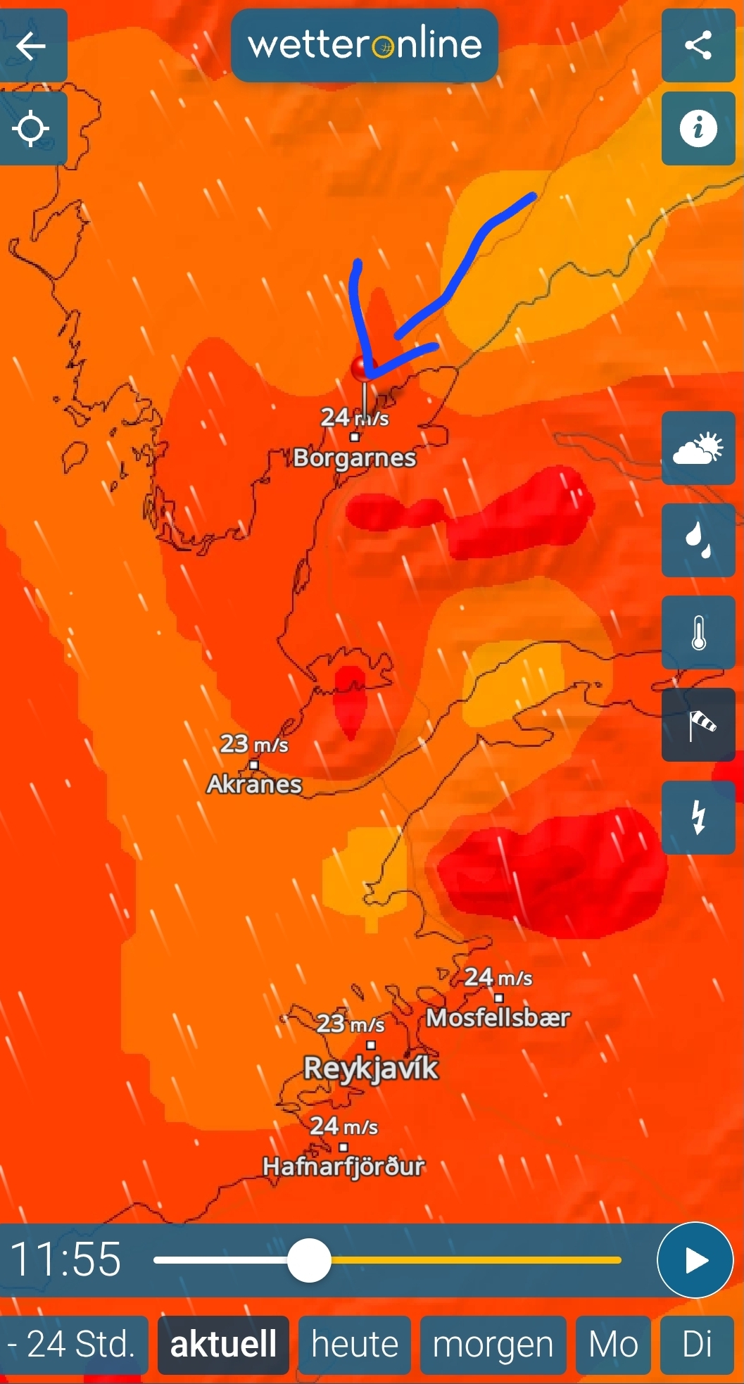 Wetterkarte Island mit Sturmwarnung und Windgeschwindigkeiten bis 24 m/s bei Borgarnes