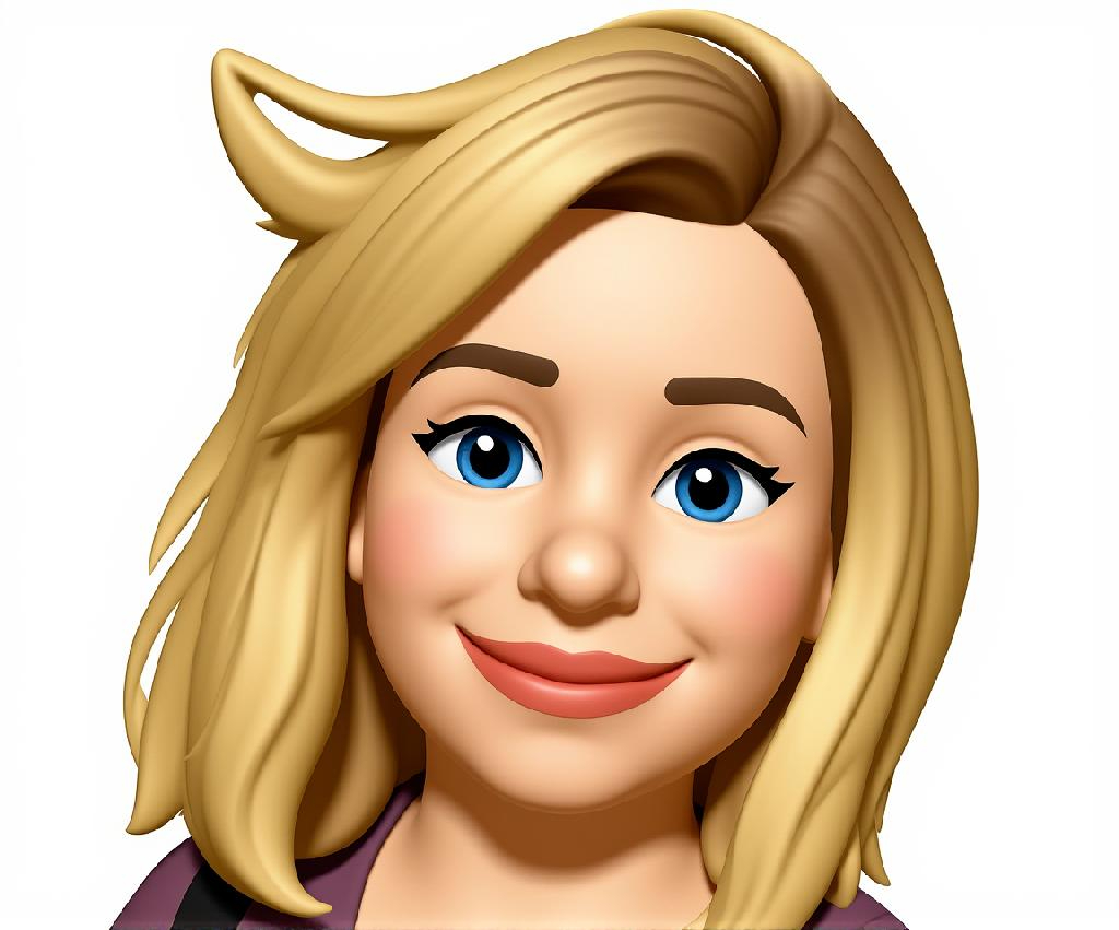 Freundliches Avatar-Portrait einer jungen Frau mit blondem Haar und blauen Augen.