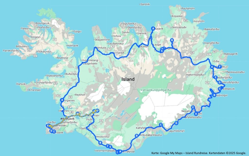 Karte der Island-Rundreise mit markierter Route und Reisezielen auf Google My Maps.