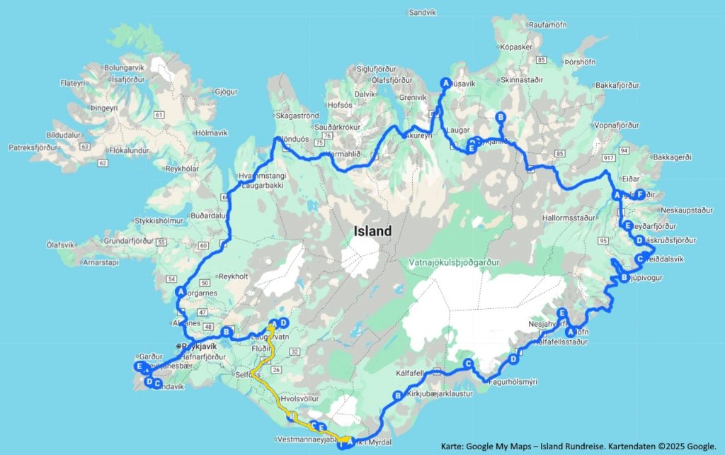 Karte der Island-Rundreise, Tag 2 – Strecke von Borgarnes über Akureyri bis Húsavík mit markierten Stopps auf Google My Maps.