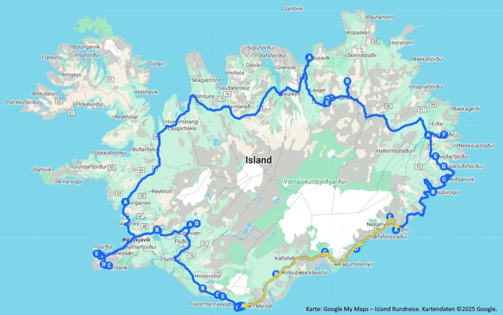 Karte der Island-Rundreise, Tag 3 – Reiseverlauf entlang der Ostfjorde von Egilsstaðir bis Höfn auf Google My Maps.
