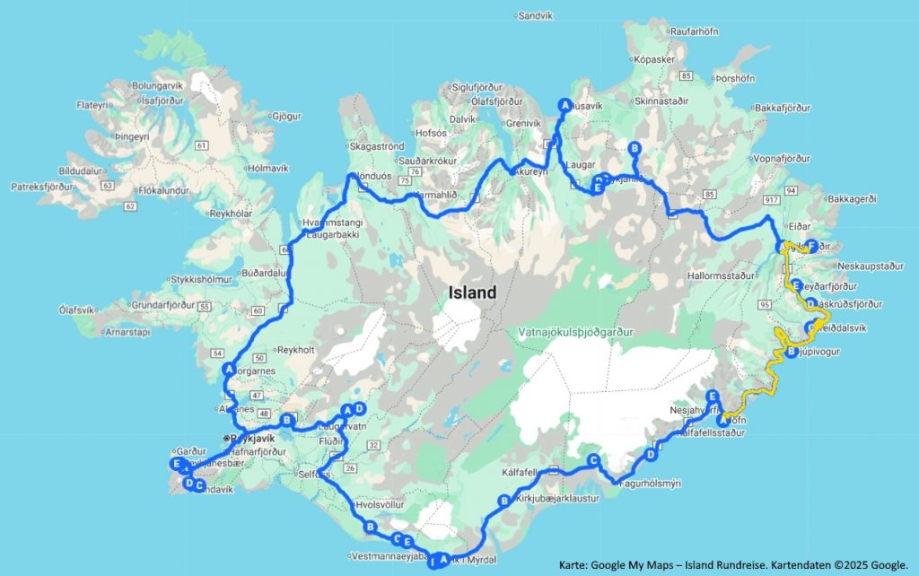 Karte der Island-Rundreise, Tag 4 – Route von Höfn über den Süden Islands bis Borgarnes mit markierten Reisezielen auf Google My Maps.