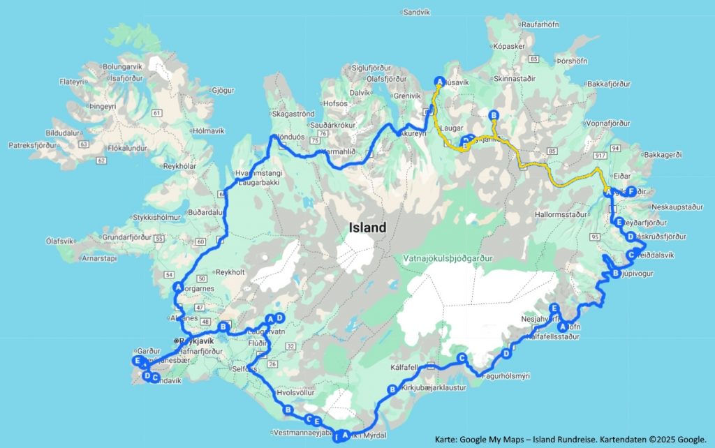 Karte der Island-Rundreise, Tag 5 – Route von Húsavík über den Norden bis Egilsstaðir mit markierten Stopps.