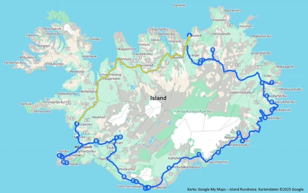 Karte der Island-Rundreise, Tag 6 – Etappe von Egilsstaðir über die Ostfjorde bis nach Djúpivogur mit markierter Route.