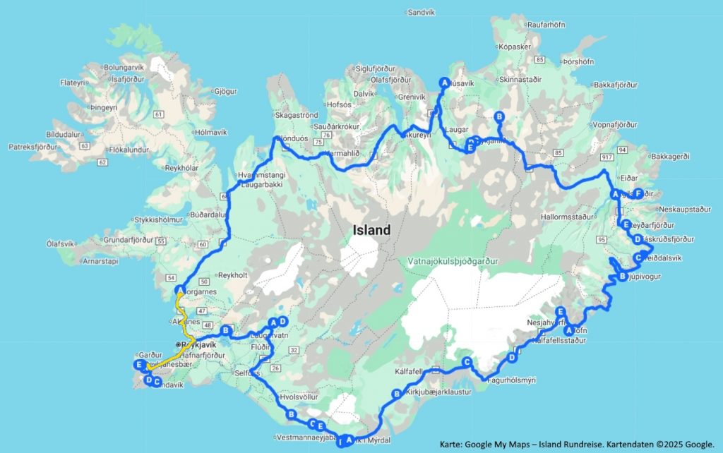 Karte der Island-Rundreise, Tag 7 – Route von Djúpivogur über Höfn und den Vatnajökull bis Vík í Mýrdal.