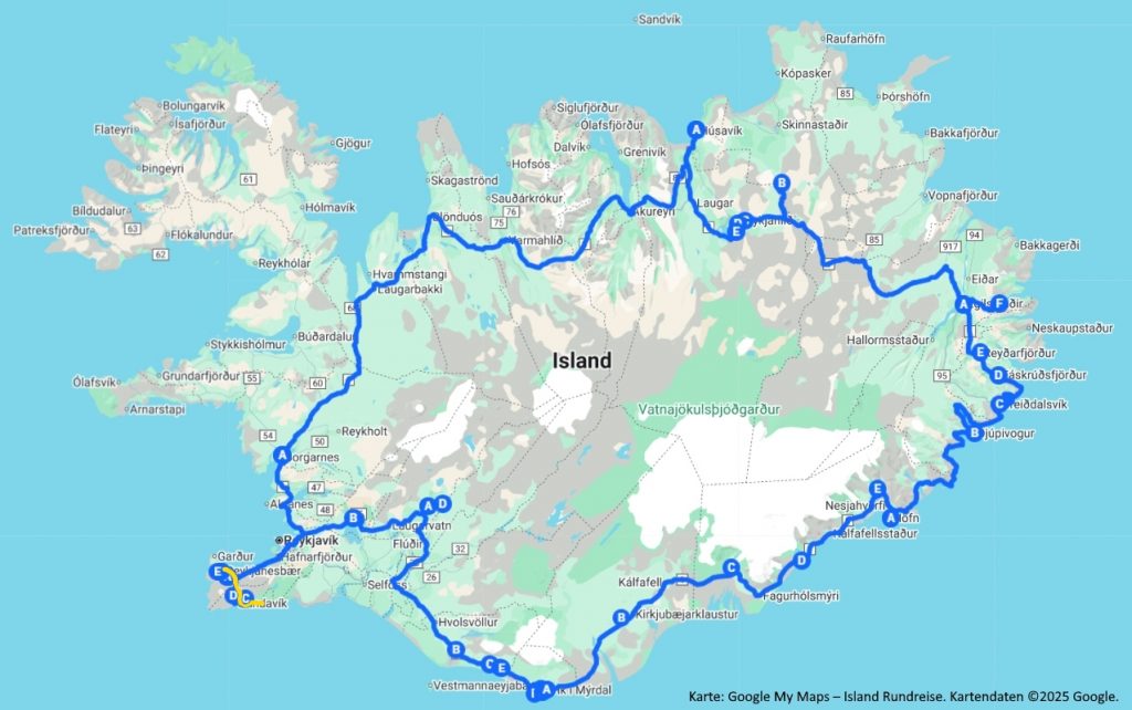 Karte der Island-Rundreise, Tag 8 – Route von Vík über Selfoss und Hveragerði zurück nach Reykjavík.
