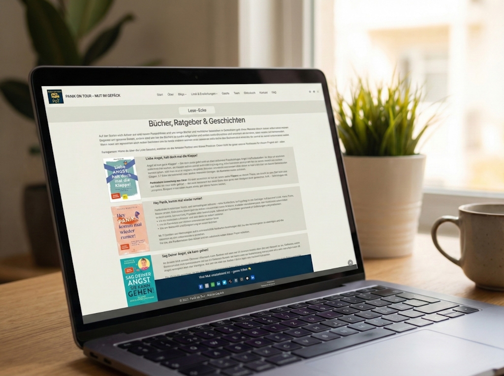 Laptop auf einem Holztisch zeigt die 'Bücher, Ratgeber & Geschichten' Seite der Panik on Tour Webseite. Im Hintergrund eine Topfpflanze und eine Tasse.