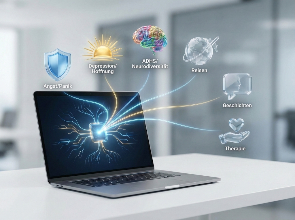 Laptop zeigt ein digitales Netzwerk aus leuchtenden Symbolen für Angst/Panik, Depression/Hoffnung, ADHS/Neurodiversität, Reisen, Geschichten und Therapie, die alle mit einem zentralen Chip verbunden sind.