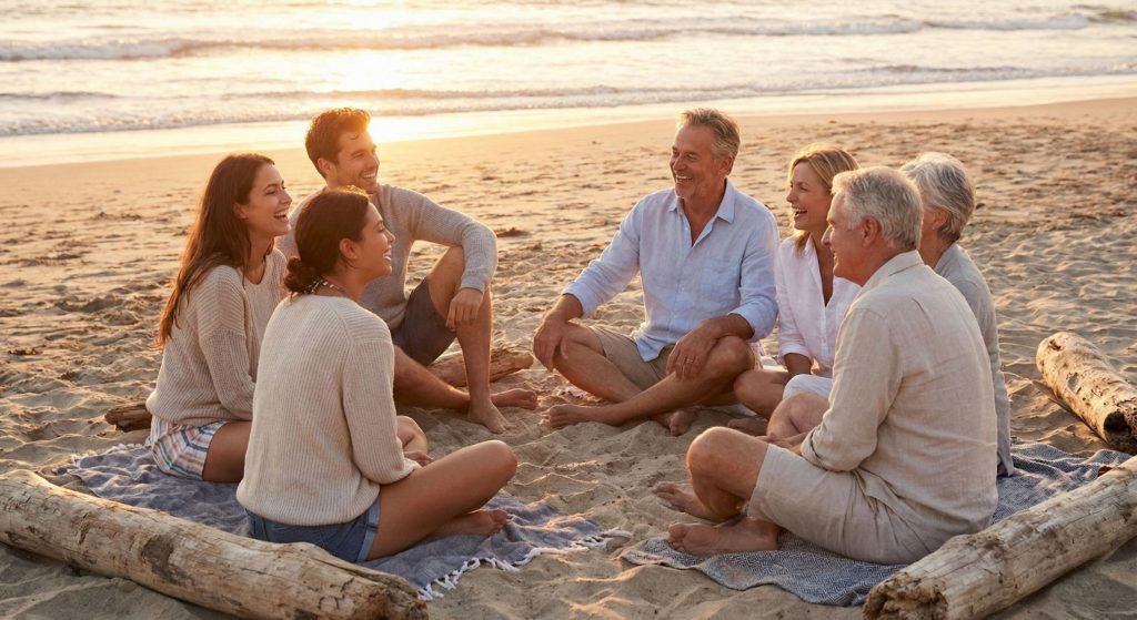 Eine Gruppe von sechs Personen unterschiedlichen Alters sitzt entspannt im Kreis am Strand und unterhält sich angeregt.