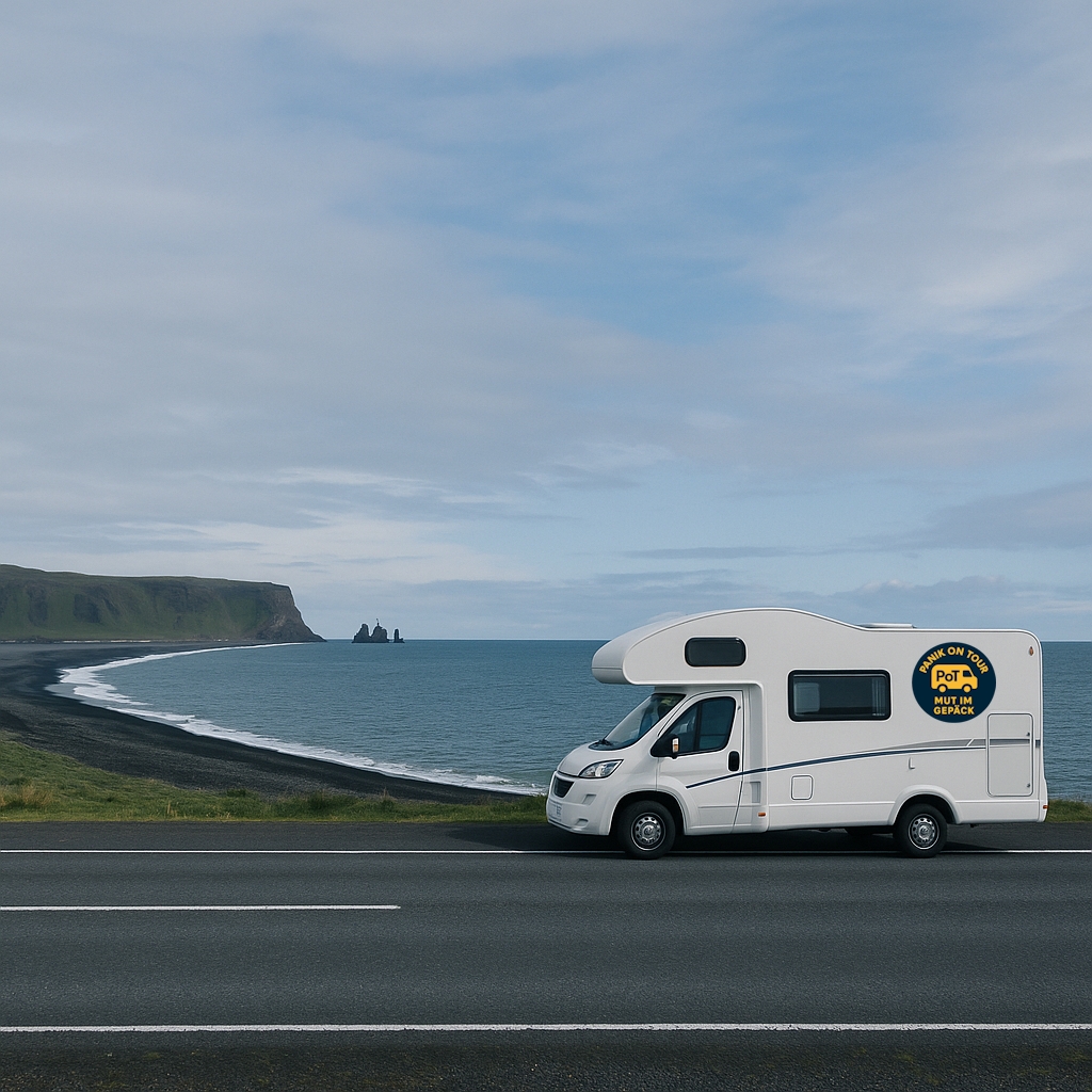 Campervan mit Panik on Tour Logo an der isländischen Küste – Symbol für Mut und Reisen trotz Angst