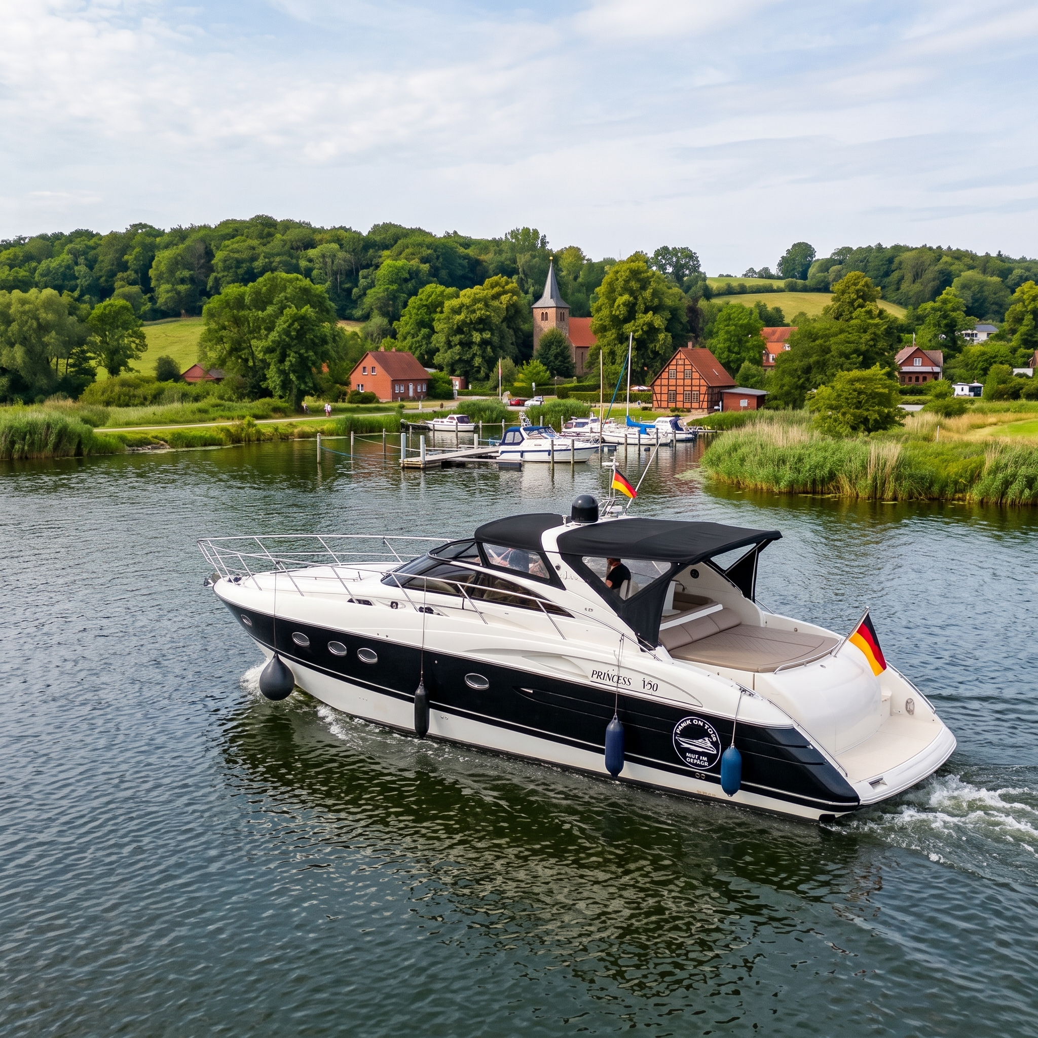 Motorboot mit Panik on Tour Logo vor einer grünen Uferlandschaft mit kleinem Hafen