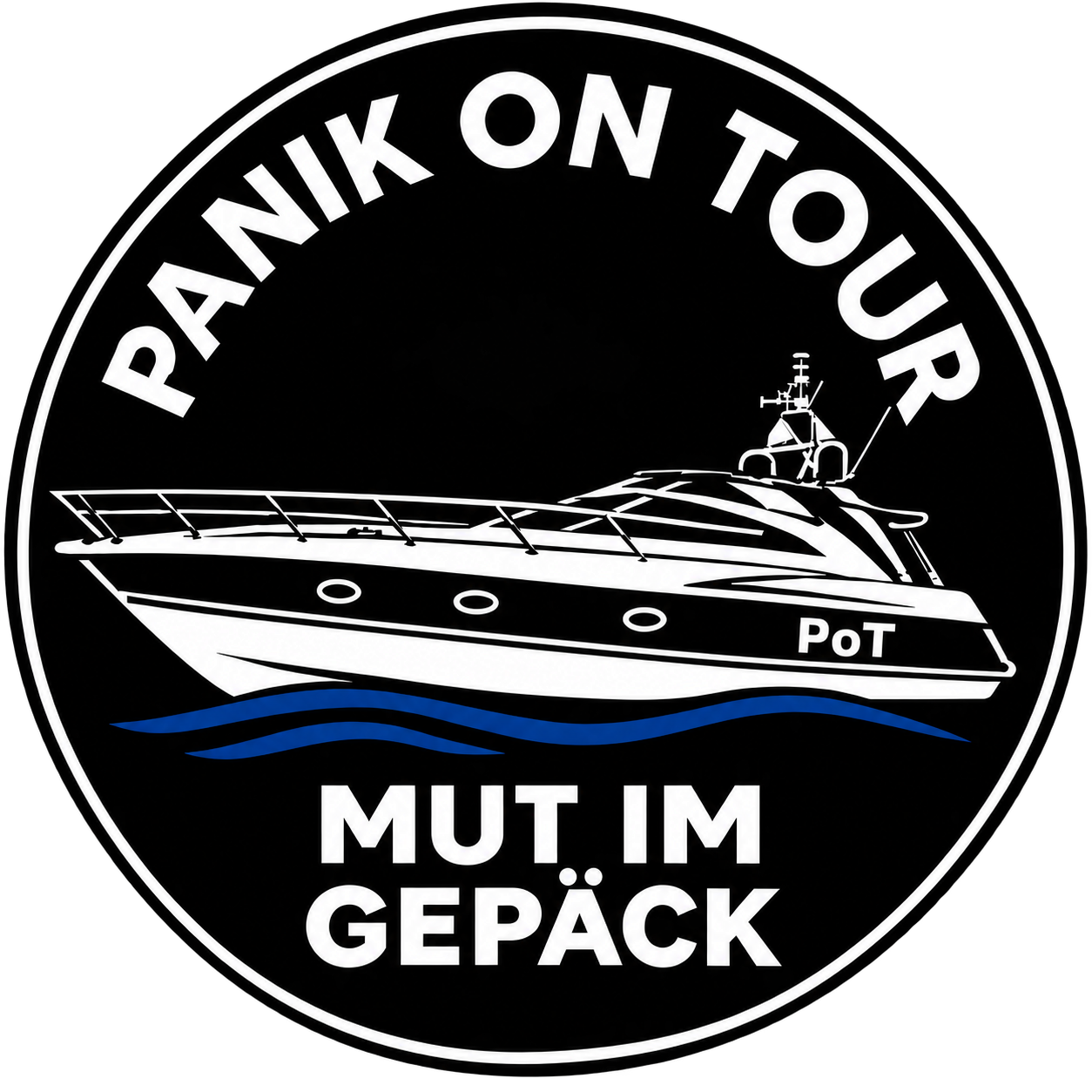 Panik on Tour – Mut im Gepäck: Boot-Logo mit dunkelblauen Wellen